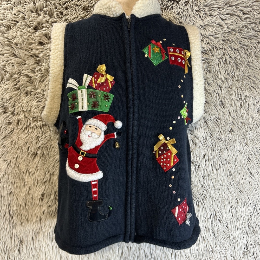 Crystal Kobe Christmas Sweater Zip Sleeveless Santa‎ Jingle Bells Presents Large